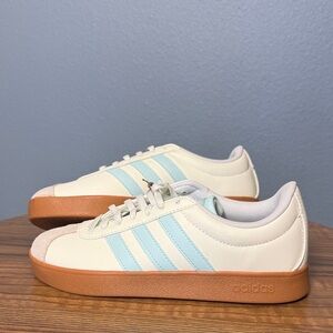 adidas VL Court Base Cream/Light Blue Stripes and Gum Sole